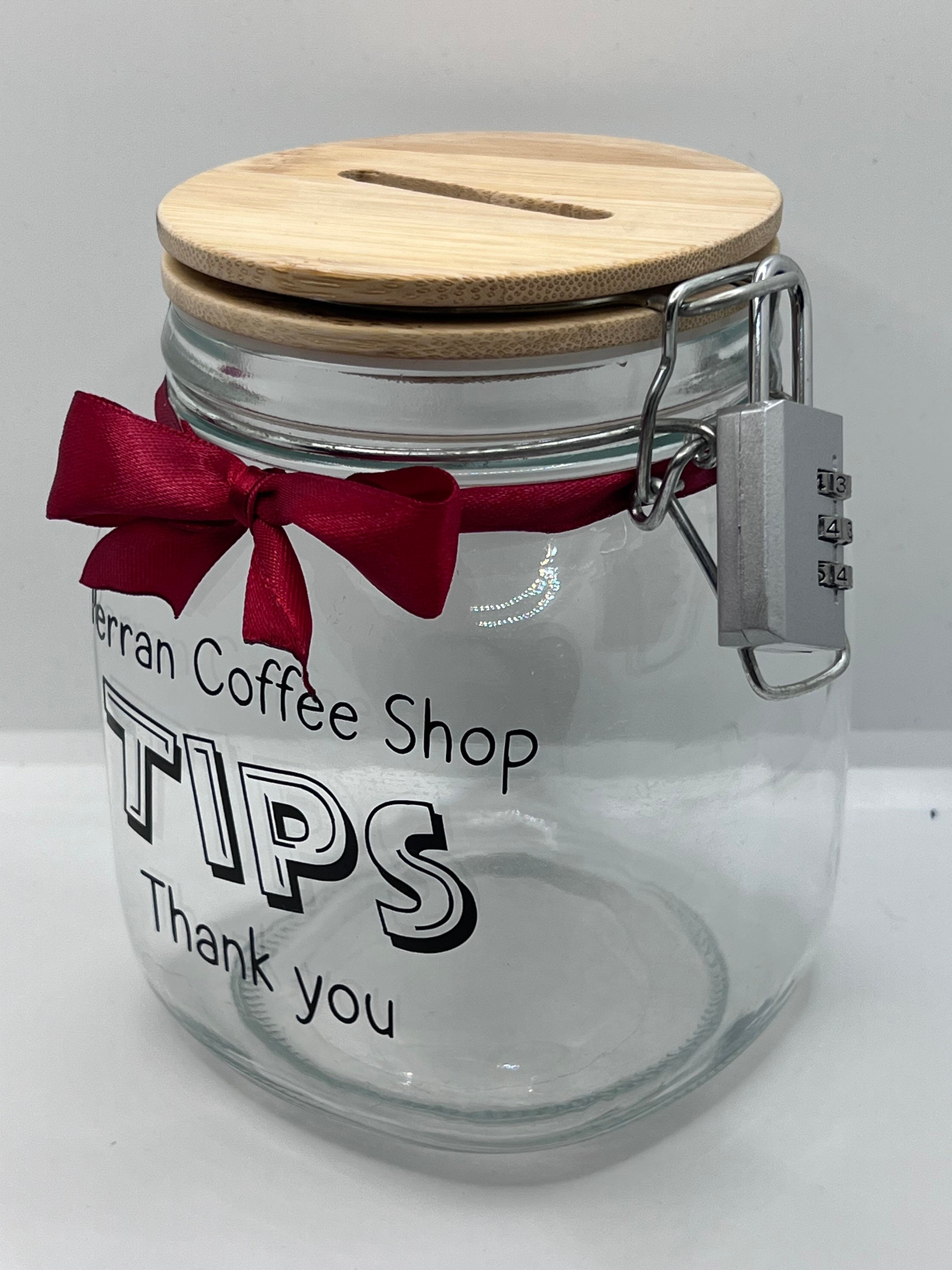 Personalised Tips Glass Jar Money Box . Savings Jar . Business Tips Jar