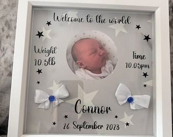 Personalised baby Boys birth memory box frame with photo. Christening gift, New baby gift. Nursery. Welcome to the world.