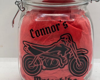 Personalised Motorbike fund glass jar Money Box . Savings jar . Piggy bank with money slot.