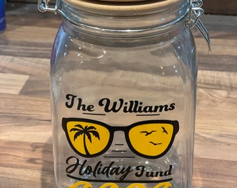 Holiday fund jar. Spring opening money jar slot. Piggy bank. Personalised