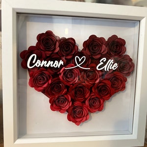 Shadow box heart, 3D rolled paper flowers personalised handmade roses, heart, Flower box Valentines, love, Anniversary,