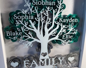 Custom Family Tree Shadowbox with paper handmade roses. option of crystals . Lovely gift and keepsake.