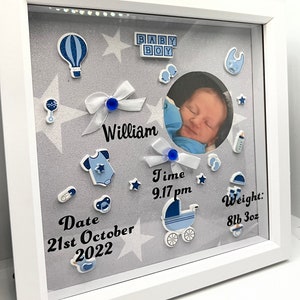 Personalised baby Boys birth memory box frame with photo. Christening gift, New baby gift. Nursery