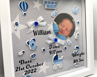 Personalised baby Boys birth memory box frame with photo. Christening gift, New baby gift. Nursery