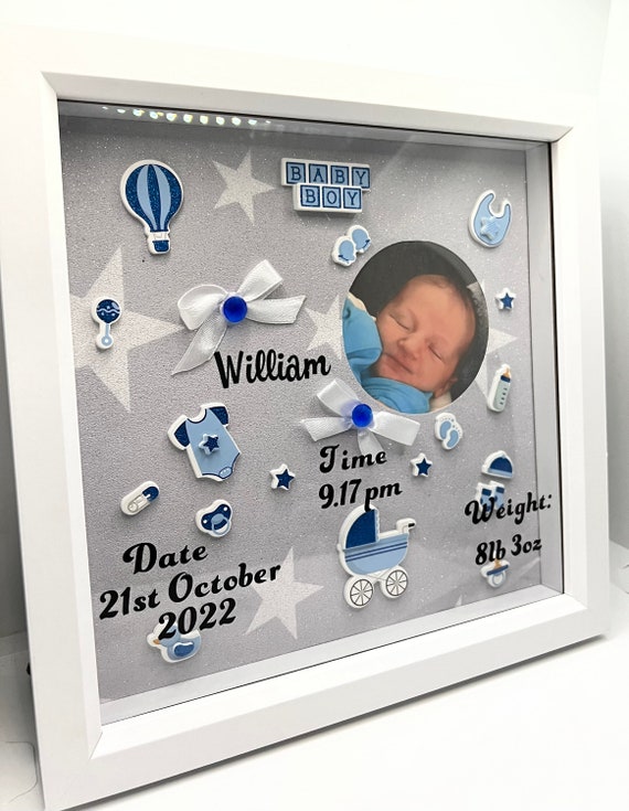 Cadre boîte à souvenirs de naissance personnalisé bébé garçon avec photo.  Cadeau de baptême, nouveau cadeau de bébé. Garderie -  France