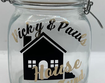 Personalised House fund glass jar Money Box . Savings jar . Piggy bank with money slot.