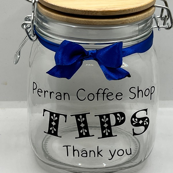 Personalised Tips jar Money Box . Savings jar . Business tips jar , hairdressers, cafes etc. 2 sizes ….Money jar, coins and notes.