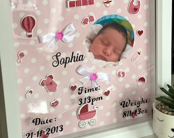 Personalised baby Girls birth memory box frame with photo. Christening gift, New baby gift. Nursery