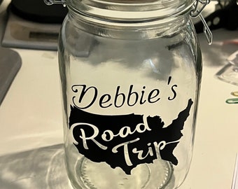 Personalised Road trip , adventure glass jar Money Box . Piggy bank with money slot.