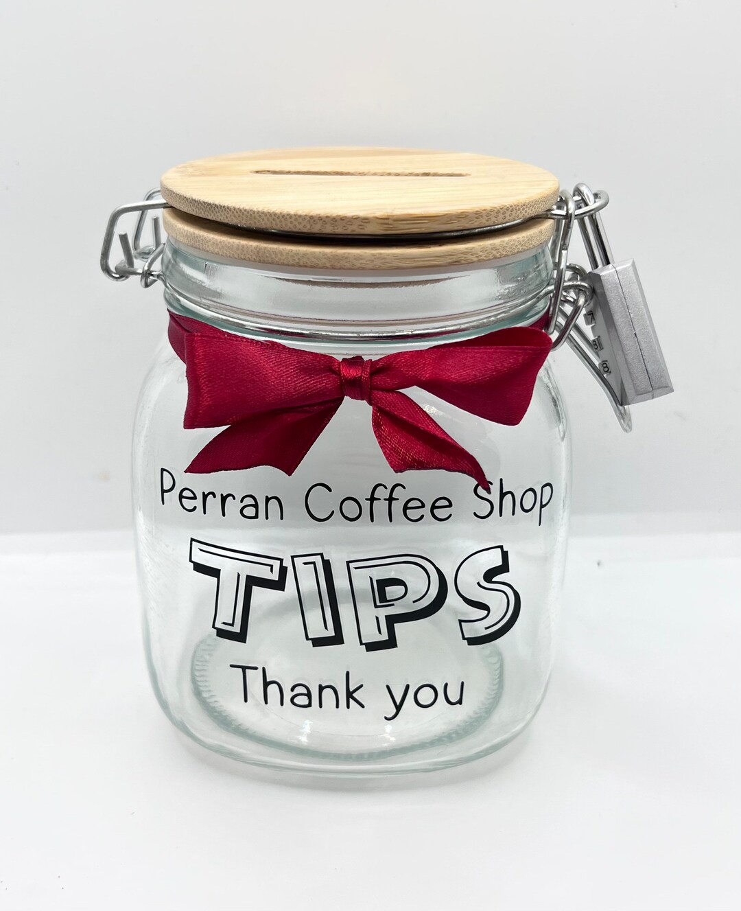 Personalised Tips Glass Jar Money Box . Savings Jar . Business Tips Jar
