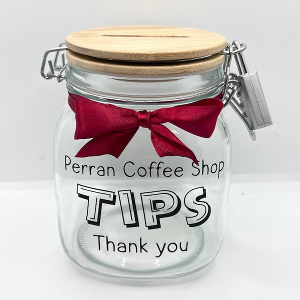 Personalised Tips glass jar Money Box . Savings jar . Business tips jar , hairdressers, cafes, etc. Money jar, coins and notes. 2 sizes…