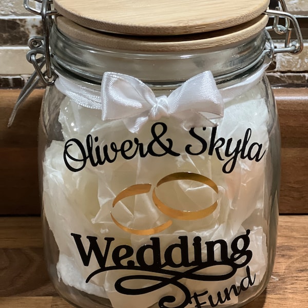 Personalised Wedding fund glass jar Money Box . Savings jar . Piggy bank with money slot.wedding rings