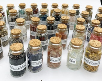 Crystal Chips/Herb Bottles Set Of 47 ~ Gemstone Chips, Witch Apothecary, Spell Supplies, Rituals, Witchcraft Gifts, Witch Starter Kit