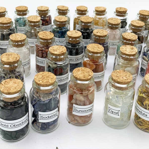 Crystal Chips/Herb Bottles Set Of 47 ~ Gemstone Chips, Witch Apothecary, Spell Supplies, Rituals, Witchcraft Gifts, Witch Starter Kit