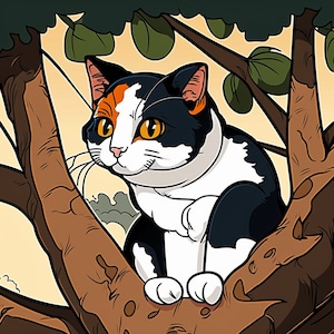 A cute calico cat with bright, expressive eyes and a fluffy tail.