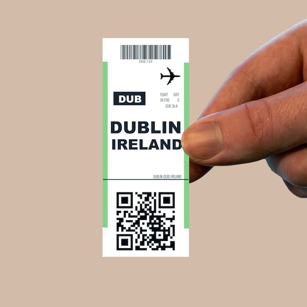 Dublin Ireland plane ticket sticker,travel sticker,luggage decal,boarding pass,tourism sticker,waterbottle sticker,laptop sticker