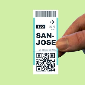 Pegatina para boleto de avión de San José, pegatina para viaje a Costa Rica, calcomanía para equipaje, tarjeta de embarque, pegatina para turismo, pegatina para botella de agua, etiqueta para vacaciones