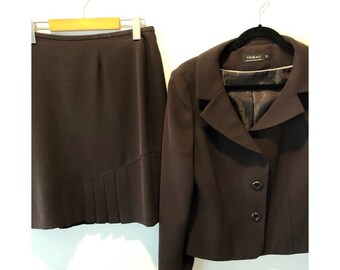 vintage Classic Brown 2 Pièces Blazer & Jupe Costume Taille 10