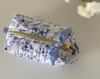 Handmade Makeup Bag Cosmetic Pouch Blue Floral Zipper Travel