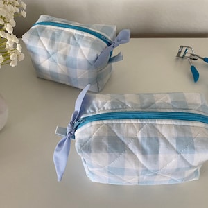 Handmade Toiletry bag/ Quilted cotton bag/ Cosmetic Bag Travel /make up bag/ Gifts for women blue Gingham fabric.
