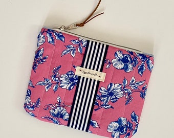 Jolie Bolsa cosmética/Bolsa de maquillaje para bolso Flor rosa y azul/Bolsa cosmética patrón floral/Neceser acolchado/Bolsa de maquillaje viaje/Regalo