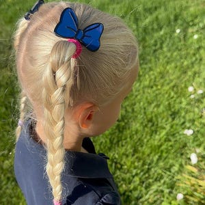 May include: A young child with blonde hair styled in braids and pigtails. A blue bow hair clip is attached to the hair with a pink hair tie. The child is wearing a navy blue shirt, and the background is green grass.