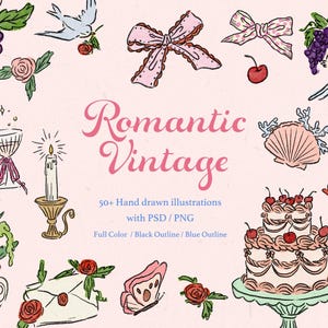 May include: A collection of hand-drawn illustrations with a romantic vintage theme. The image features a champagne bottle, cake, candles, bows, and other decorative elements in a soft color palette. Text reads "Romantic Vintage".