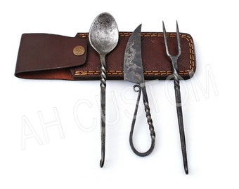 Handmade Hand Forged Medieval Eating Utensil Feasting Set Spoon Steak Camping Hunting Survival Set knife Spoon And Fork Everyday use 2076