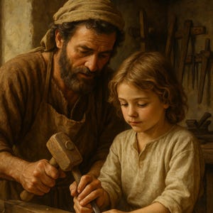 St. Joseph and Child Jesus in Workshop - Father and Son quality time - Digital Download - Father&#39;s Day gift