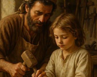 St. Joseph and Child Jesus in Workshop - Father and Son quality time - Digital Download - Father's Day gift