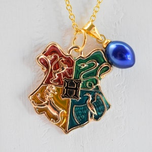 Wizard School Crest Blue Freshwater Pearl Necklace