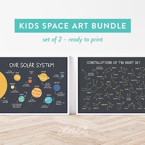 Kids Space Art-bundel, set van 2, poster Planet Constellation, decor van de ruimte, afdrukbaar voor kinderdagverblijf, speelkamer, thuisonderwijs, klaslokaal