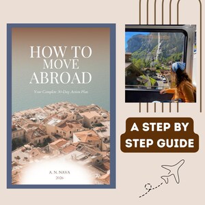 May include: A book cover with the title "HOW TO MOVE ABROAD" and the subtitle "Your Complete 30-Day Action Plan." The cover features a coastal town image. A step-by-step guide graphic and a person looking out a train window are also shown.