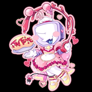 May include: A cartoon illustration of a TV-headed character in a pink maid outfit, holding a plate with a pastry that says "TV Time". The character has a star on its chest and is surrounded by hearts and pink accents.