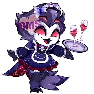 May include: Cartoon illustration of a character in a maid outfit, holding a tray with two glasses of red wine. The character has dark purple fur, a white face, and a blue bow. The outfit is dark blue with a red skirt.