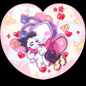 May include: A heart-shaped illustration featuring two cartoon characters embracing. One character has a TV-shaped head and the other has black hair. The image is filled with hearts, stars, and the word "TU". The color palette is primarily pink and red.