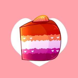 May include: A slice of cake with red, orange, white, and pink layers, topped with a strawberry. The cake is in the shape of a heart.