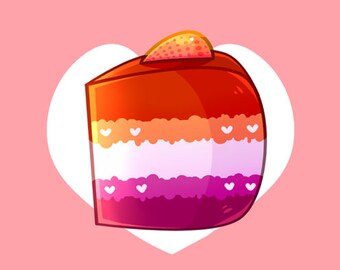 May include: A slice of cake with red, orange, white, and pink layers, topped with a strawberry. The cake is in the shape of a heart.