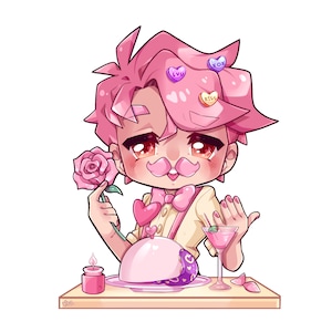 May include: A cartoon illustration of a character with pink hair, mustache, and bow tie, holding a rose. The character is seated at a table with a cake, cocktail, and candle. Valentine's Day theme.