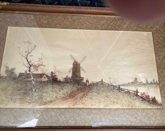 Framed Colored Etching or Print Landscape of 2 Dutch Windmills