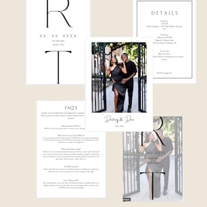 May include: Wedding invitation suite featuring a couple's photo, RSVP details, and FAQ's. The design includes a minimalist layout with black text on white cards, accented by a neutral background. The invitation includes the text "Destiny & Dee".