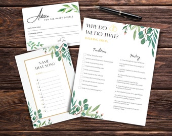 Gold Floral Bridal Shower Game Pack "Why do we do that?" Wedding Traditions Trivia, Advice for the Couple, and Name That Song Printables