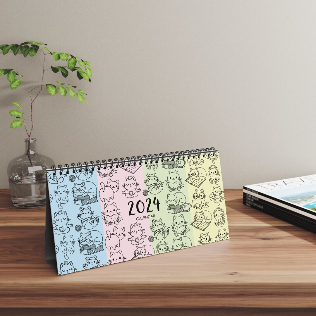 2024 Kawaii Cat Desktop Calendar With Dates Desk Pad Etsy