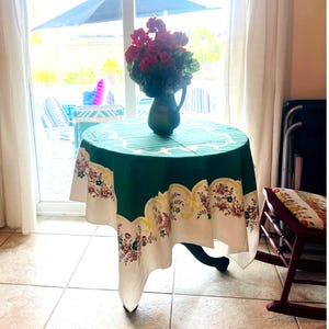 1950s Green, Yellow & Lavendar and  Floral Tablecloth | 1950s Cottage Table Cotton Linen | 52"x47" Grandma Core Decor, Shabby Chic
