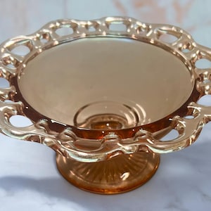 VTG &quot;Lace Edge Pink&quot; | Round Compote Pink Depression Glass Pedestal Bowl | Pierced Edge Candy Dish