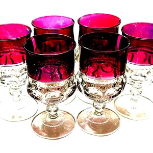 6 ~ Tumblers Tiffin Fransiscan King's Crown Thumbprint Ruby Flash Stemware | Mid Century Glass | Set of 6 | 5.75” tall