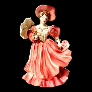 Vintage Florence Ceramics Pasadena "Amber" Figurine 1940s | California Art Pottery Lady  w/Parasol | Pink Dress Porcelain Collectible 9.25"