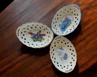 VTG 3 MINI Reutter Porzellan Germany Reticulated Lattice Trinket or Butter Bowls dishes