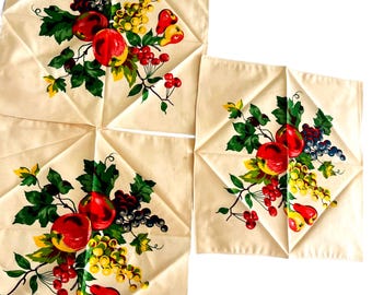3 ~ 1940s Fruit Print Cotton Napkins,  Set of Three, Cottage Chic Decor, 17.5" x 17", Country Cotton Linen, Farmhouse Chic