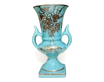 HAEGER Robins Egg Blue Sterling Silver Overlay Sculptural 11" Tall Pottery with Handles,  Art Deco, Antique Haeger Pottery